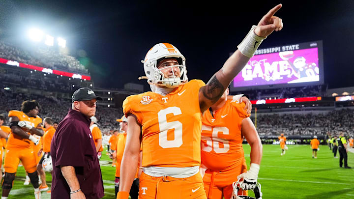 Tennessee quarterback Joey Aguilar (6) points toward the Tennessee fans after the Vols defeated Mississippi State in overtime at Davis Wade Stadium in Starkville, Miss., on Sept. 27, 2025.