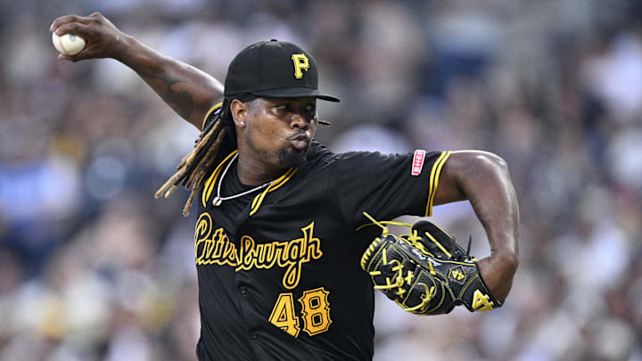 Aug 13, 2024; San Diego, California, USA; Pittsburgh Pirates starting pitcher Luis Ortiz (48) pitches against the San Diego Padres during the second inning at Petco Park. Mandatory Credit: Orlando Ramirez-Imagn Images