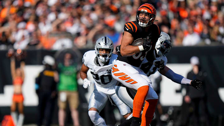 Cincinnati Bengals tight end Erick All Jr. (83) secures a pass in the second quarter of the NFL Week 9 game between the Cincinnati Bengals and the Las Vegas Raiders at Paycor Stadium in downtown Cincinnati on Sunday, Nov. 3, 2024.