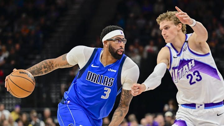 Oct 13, 2025; Salt Lake City, Utah, USA; Dallas Mavericks forward/center Anthony Davis (3) drives to the basket into Utah Jazz forward/center Lauri Markkanen (23) during the second quarter at Delta Center. Mandatory Credit: Peter Creveling-Imagn Images Oct 13, 2025; Salt Lake City, Utah, USA; Dallas Mavericks forward/center Anthony Davis (3) drives to the basket into Utah Jazz forward/center Lauri Markkanen (23) during the second quarter at Delta Center. Mandatory Credit: Peter Creveling-Imagn Images