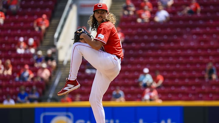 Cincinnati Reds starting pitcher Rhett Lowder (81) pitches against the Houston Astros in the fifth inning at Great American Ball Park in 2024.