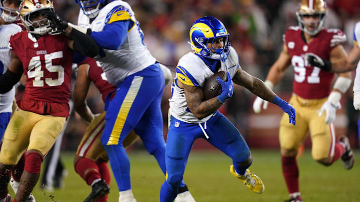 Dec 12, 2024; Santa Clara, California, USA; Los Angeles Rams running back Kyren Williams (23) runs the ball against the San Francisco 49ers in the fourth quarter at Levi's Stadium. Mandatory Credit: Cary Edmondson-Imagn Images Dec 12, 2024; Santa Clara, California, USA; Los Angeles Rams running back Kyren Williams (23) runs the ball against the San Francisco 49ers in the fourth quarter at Levi's Stadium. Mandatory Credit: Cary Edmondson-Imagn Images