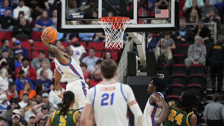 Mar 21, 2025; Raleigh, NC, USA;  Florida Gators guard Alijah Martin (15) makes a basket during the second half against the Norfolk State Spartans at Lenovo Center. Mandatory Credit: Bob Donnan-Imagn Images