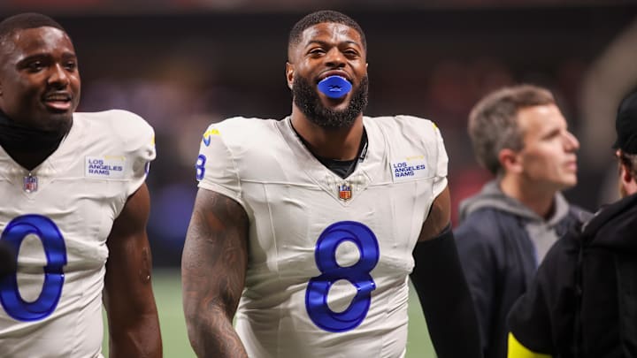 Dec 29, 2025; Atlanta, Georgia, USA; Los Angeles Rams linebacker Jared Verse (8) warms up before a game against the Atlanta Falcons at Mercedes-Benz Stadium. Mandatory Credit: Brett Davis-Imagn Images