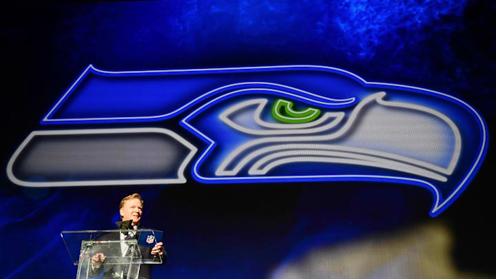 Roger Goodell announces Seattle Seahawks pick during the first round of the 2022 NFL Draft. | Gary Vasquez-Imagn Images