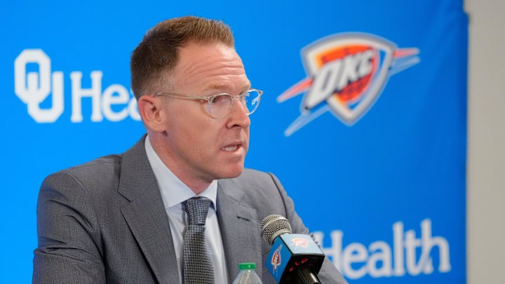 Thunder general manager Sam Presti speaks during an introductory press conference for the 2024 Thunder draft picks at Oklahoma Contemporary Arts Center in Oklahoma City, Saturday, June, 29, 2024. Thunder general manager Sam Presti speaks during an introductory press conference for the 2024 Thunder draft picks at Oklahoma Contemporary Arts Center in Oklahoma City, Saturday, June, 29, 2024.