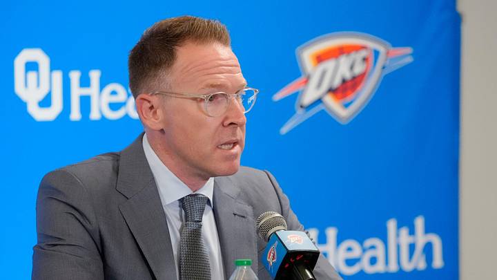 Thunder general manager Sam Presti speaks during an introductory press conference for the 2024 Thunder draft picks at Oklahoma Contemporary Arts Center in Oklahoma City, Saturday, June, 29, 2024. Thunder general manager Sam Presti speaks during an introductory press conference for the 2024 Thunder draft picks at Oklahoma Contemporary Arts Center in Oklahoma City, Saturday, June, 29, 2024.