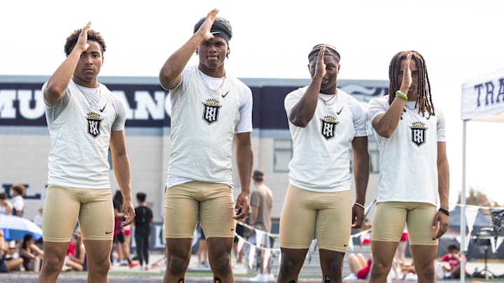 From left, Jordan Wells, Kamil Pelovello, Benjamin Harris and Jace Wells pose after setting a national-leading time in the 4x100-meter relay at the Mustang Round Up at Trabuco Hills High School.