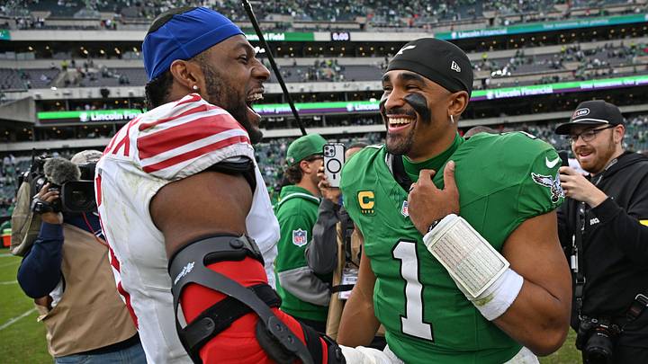 Oct 26, 2025; Philadelphia, Pennsylvania, USA; New York Giants linebacker Kayvon Thibodeaux (5) and Philadelphia Eagles quarterback Jalen Hurts (1) after the game at Lincoln Financial Field. Mandatory Credit: Eric Hartline-Imagn Images Oct 26, 2025; Philadelphia, Pennsylvania, USA; New York Giants linebacker Kayvon Thibodeaux (5) and Philadelphia Eagles quarterback Jalen Hurts (1) after the game at Lincoln Financial Field. Mandatory Credit: Eric Hartline-Imagn Images