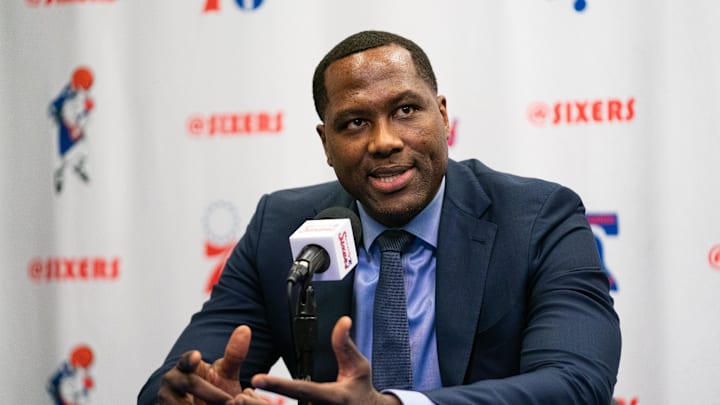 Feb 7, 2020; Philadelphia, Pennsylvania, USA; Philadelphia 76ers general manager Elton Brand speaks with the media before a game against the Memphis Grizzlies at Wells Fargo Center. Mandatory Credit: Bill Streicher-Imagn Images