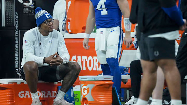 Indianapolis Colts quarterback Anthony Richardson (5) sits on the sideline Sunday, Jan. 5, 2025, during a game against the Jacksonville Jaguars at Lucas Oil Stadium in Indianapolis.