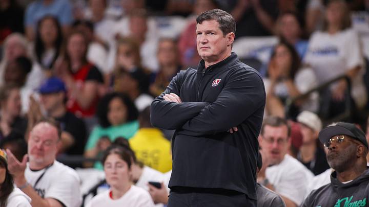 Sep 14, 2025; College Park, Georgia, USA; Atlanta Dream head coach Karl Smesko on the sideline against the Indiana Fever in the second quarter during game one of round one for the 2025 WNBA Playoffs at Gateway Center Arena at College Park. Mandatory Credit: Brett Davis-Imagn Images
