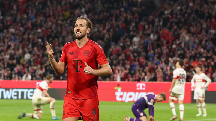 Bayern Munich striker Harry Kane celebrating after scoring his hattrick against VfB Stuttgart.