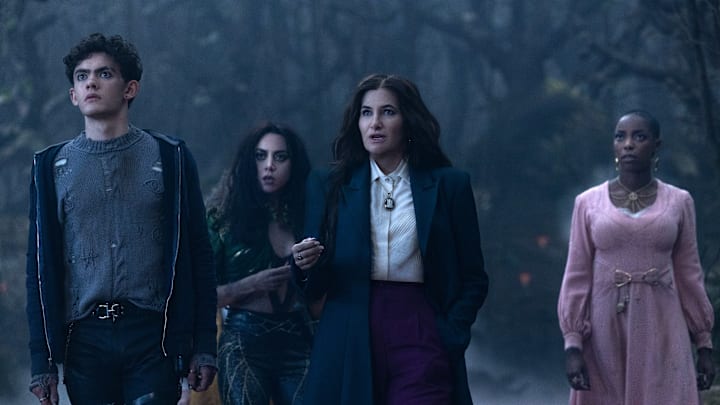 (L-R): Teen (Joe Locke), Rio Vidal (Aubrey Plaza), Agatha Harkness (Kathryn Hahn) and Jennifer Kale (Sasheer Zamata) in Marvel Television's AGATHA ALL ALONG, exclusively on Disney+. Photo by Chuck Zlotnick. © 2024 MARVEL.