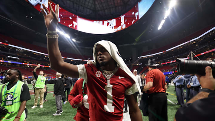 Dec 2, 2023; Atlanta, GA, USA; Alabama Crimson Tide defensive back Kool-Aid McKinstry (1) reacts