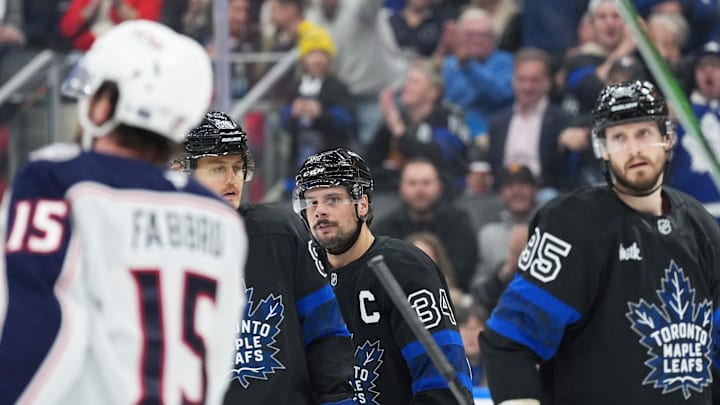 Jan 22, 2025; Toronto, Ontario, CAN; Toronto Maple Leafs center Auston Matthews (34) scores a goal and celebrates with right wing William Nylander (88) against the Columbus Blue Jackets during the third period at Scotiabank Arena. Mandatory Credit: Nick Turchiaro-Imagn Images