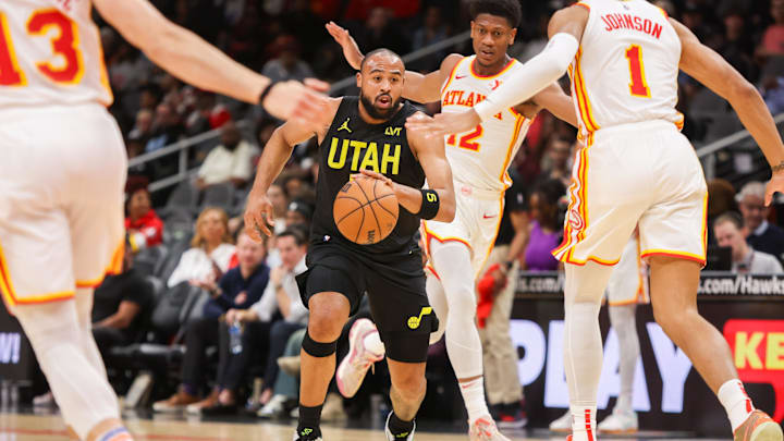 Feb 27, 2024; Atlanta, Georgia, USA; Utah Jazz guard Talen Horton-Tucker (5) drives to the basket