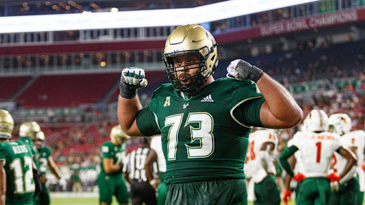 Sep 9, 2023; Tampa, Florida, USA; South Florida Bulls offensive line Donovan Jennings (73)