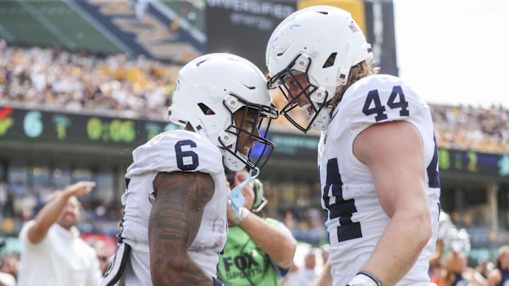 Penn State Nittany Lions wide receiver Harrison Wallace III (6) celebrates with Penn State Nittany Lions tight end Tyler Warren (44)