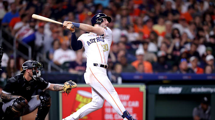 Mar 31, 2023; Houston, Texas, USA; Houston Astros right fielder Kyle Tucker (30) hits a two-run home