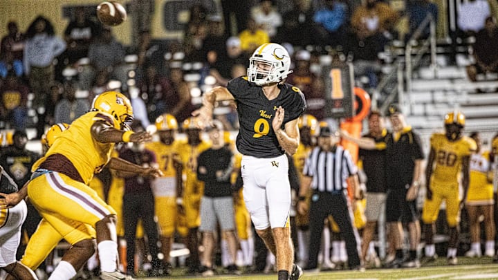 Carter Smith, the quarterback of the Bishop Verot football team throws during the Class 2A-District 10 championship against Glades Central at Bishop Verot on Thursday, Nov. 7, 2024. Smith broke Lee County's all-time passing record.