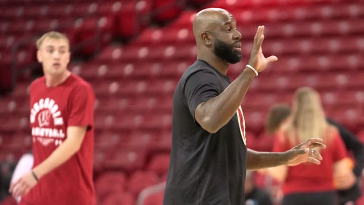 Assistant coach Sharif Chambliss is shown before a Wisconsin men’s basketball scrimmage Sunday, October 19, 2025 at the Kohl Center in Madison, Wisconsin.