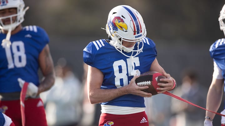 Kansas freshman wide receiver Tate Nagy (85) works through drills during an outdoor practice on Thursday, March 27, 2025.
