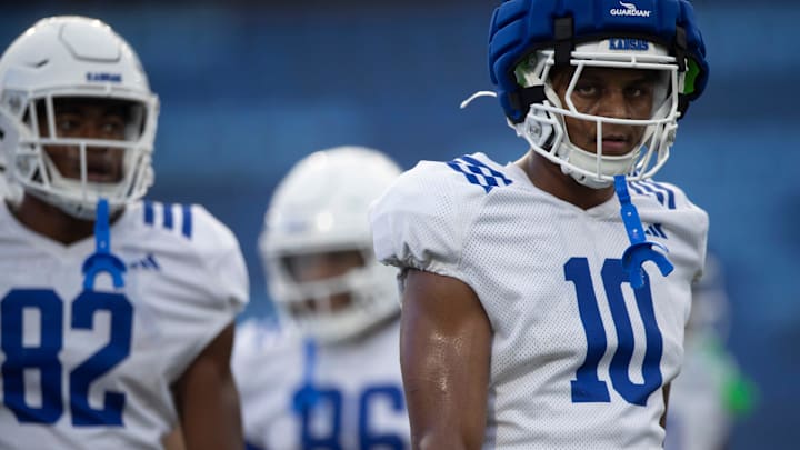 Kansas redshirt senior wide receiver Levi Wentz (10) looks on during their first practice inside David Booth Kansas Memorial Stadium on Aug. 1, 2025.
