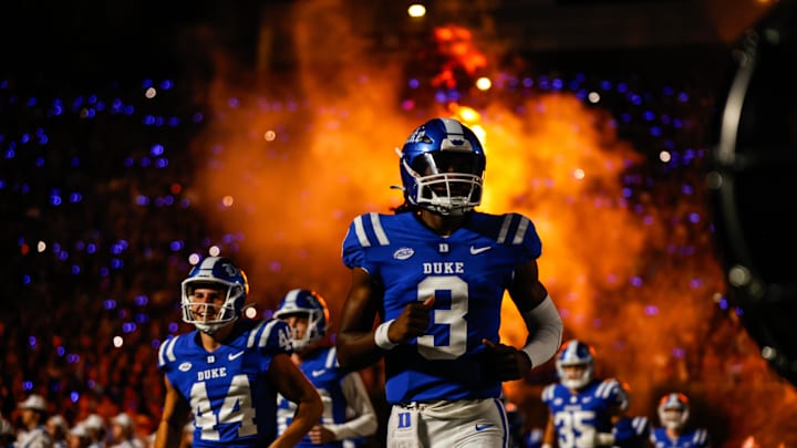 Sep 30, 2023; Durham, North Carolina, USA; Duke football quarterback Henry Belin IV (3) runs out just before the game against Notre Dame Fighting Irish at Wallace Wade Stadium. Mandatory Credit: Jaylynn Nash-USA TODAY Sports