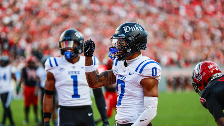 Nov 9, 2024; Raleigh, North Carolina, USA; Duke Blue Devils cornerback Chandler Rivers (0) celebrates a blocked touchdown during the first half of the game against North Carolina State Wolfpack at Carter-Finley Stadium. Mandatory Credit: Jaylynn Nash-Imagn Images