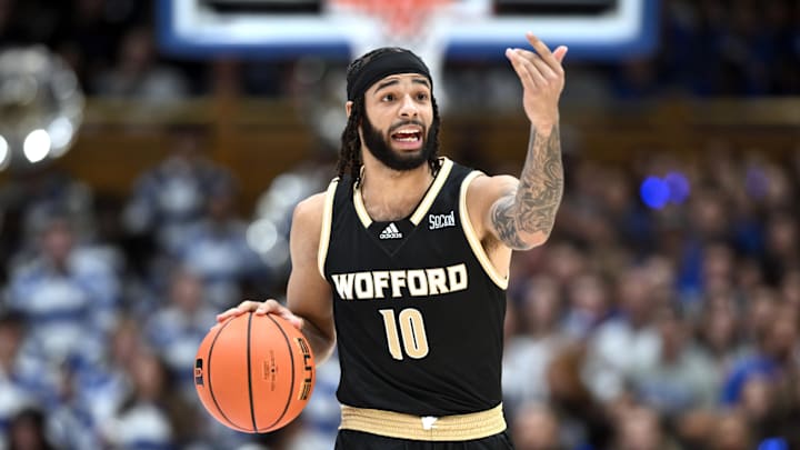 Nov 16, 2024; Durham, North Carolina, USA; Wofford Terriers guard Corey Tripp (10) gestures during the first half against the Duke Blue Devils at Cameron Indoor Stadium. Mandatory Credit: Zachary Taft-Imagn Images