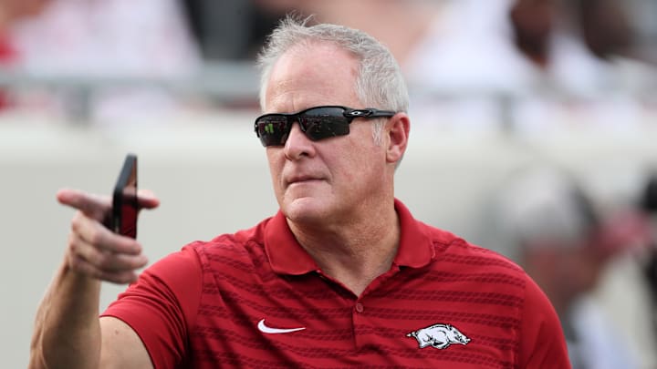 Aug 29, 2024; Little Rock, Arkansas, USA; Arkansas Razorbacks athletic director Hunter Yurachek prior to the game against the Pine Bluff Golden Lions at War Memorial Stadium. Mandatory Credit: Nelson Chenault-Imagn Images
