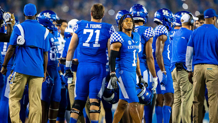 Oct 2, 2021; Lexington, Kentucky, USA; Kentucky Wildcats wide receiver Wan'Dale Robinson (1) walks outside the huddle during the fourth quarter against the Florida Gators at Kroger Field. Mandatory Credit: Jordan Prather-Imagn Images