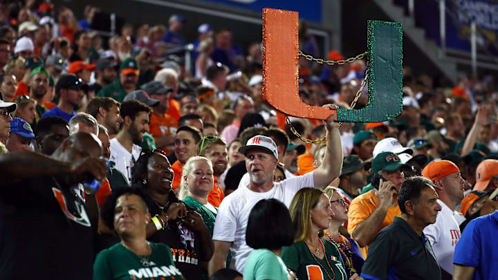 Aug 24, 2019; Orlando, FL, USA; Miami Hurricanes fans cheer against the Florida Gators during the second half at Camping World Stadium. Mandatory Credit: Kim Klement-USA TODAY Sports
