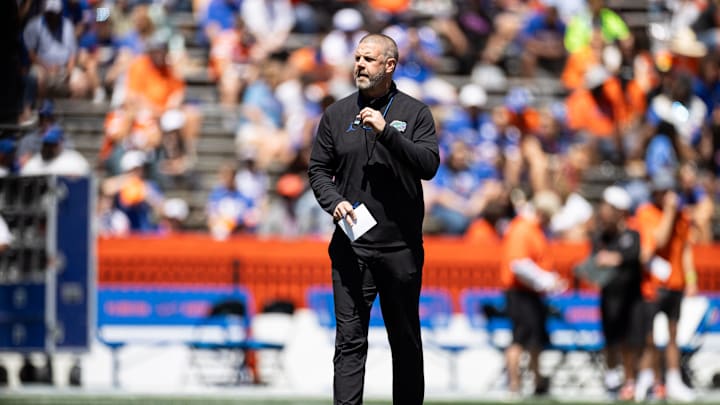 Florida Gators head coach Billy Napier looks on before the game at the Orange and Blue spring football game at Steve Spurrier Field at Ben Hill Griffin Stadium in Gainesville, FL on Saturday, April 13, 2024. [Matt Pendleton/Gainesville Sun]