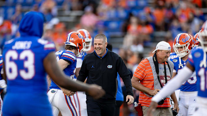 Florida Gators head coach Billy Napier smiles before the game against the Charlotte 49ers at Steve Spurrier Field at Ben Hill Griffin Stadium in Gainesville, FL on Saturday, September 23, 2023. [Matt Pendleton/Gainesville Sun]