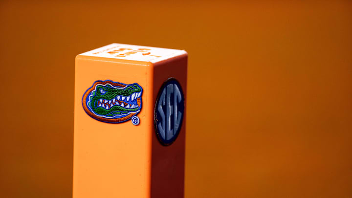 Sep 7, 2024; Gainesville, Florida, USA; A pylon with a Florida Gators and SEC logo sits in the endzone against the Samford Bulldogs during the first half at Ben Hill Griffin Stadium. Mandatory Credit: Matt Pendleton-Imagn Images