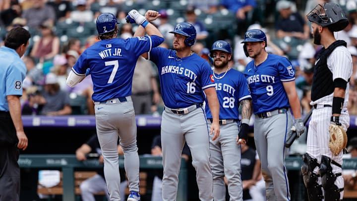 Jul 7, 2024; Denver, Colorado, USA; Kansas City Royals shortstop Bobby Witt Jr. (7) celebrates his three run home run with outfielder Hunter Renfroe (16) ahead of center fielder Kyle Isbel (28) and designated hitter Vinnie Pasquantino (9) in the ninth inning against the Colorado Rockies at Coors Field. Mandatory Credit: Isaiah J. Downing-USA TODAY Sports