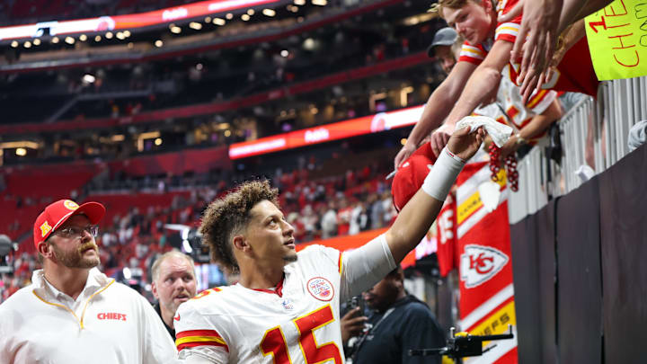 Sep 22, 2024; Atlanta, Georgia, USA; Kansas City Chiefs quarterback Patrick Mahomes (15) talks to fans after a victory over the Atlanta Falcons at Mercedes-Benz Stadium. Mandatory Credit: Brett Davis-Imagn Images