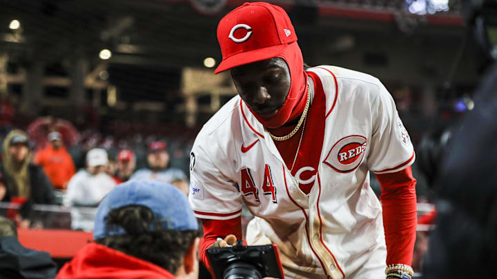 Mar 31, 2025; Cincinnati, Ohio, USA; Cincinnati Reds shortstop Elly De La Cruz (44) celebrates after the victory over the Texas Rangers at Great American Ball Park. Mandatory Credit: Katie Stratman-Imagn Images