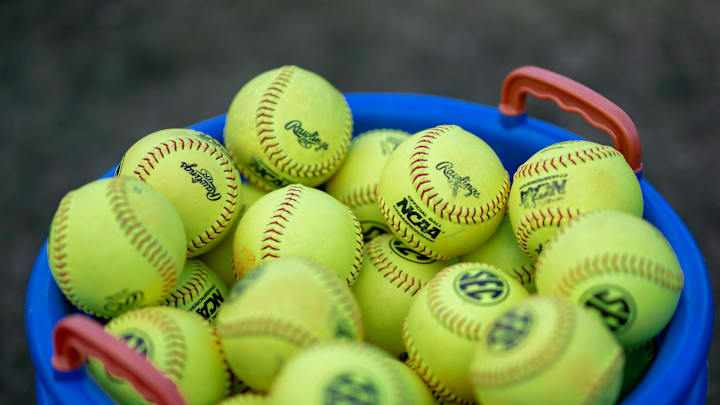 Softballs in a bucket before the game between the Florida Gators and Auburn Tigers during the softball game at Katie Seashole Pressly Stadium at the University of Florida in Gainesville, FL on Thursday, April 6, 2023. [Matt Pendleton/Gainesville Sun]

Ncaa Softball Florida Gators Vs Auburn Tigers