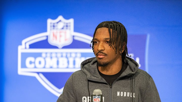 Mar 1, 2024; Indianapolis, IN, USA; Louisiana State quarterback Jayden Daniels (QB01) talks to the