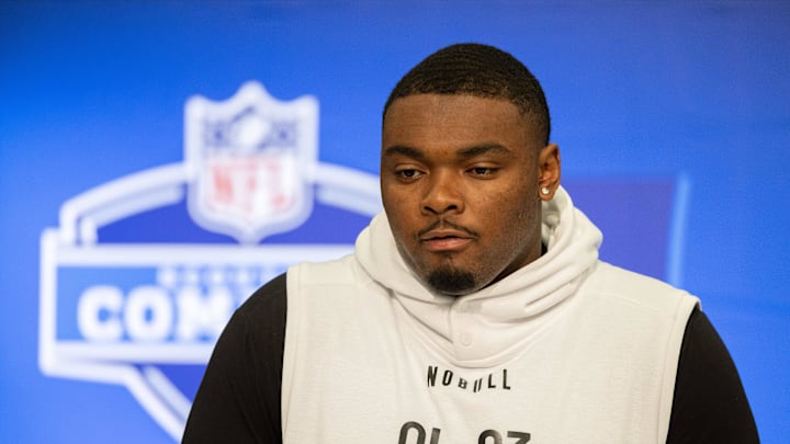Mar 2, 2024; Indianapolis, IN, USA; Yale offensive lineman Kiran Amegadjie (OL03) talks to the media during the 2024 NFL Combine at Lucas Oil Stadium. Mandatory Credit: Trevor Ruszkowski-Imagn Images