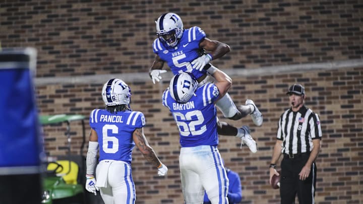 Nov 18, 2021; Durham, North Carolina, USA;  Duke Blue Devils offensive tackle Graham Barton (62)