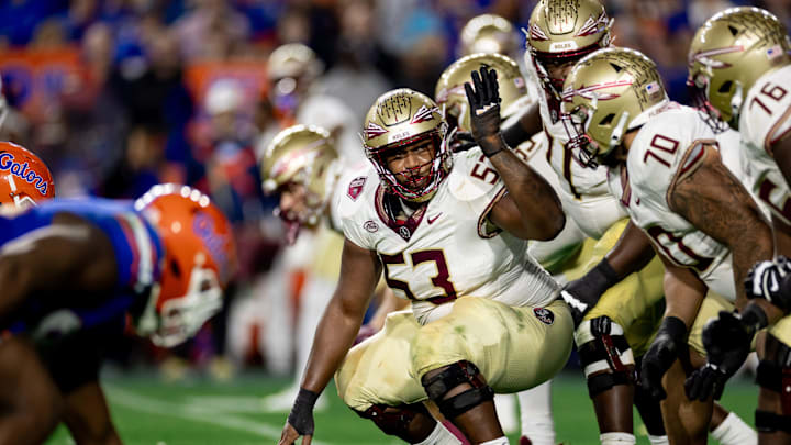 Florida State Seminoles offensive lineman Maurice Smith (53) gestures during the second half against the Florida Gators at Steve Spurrier Field at Ben Hill Griffin Stadium in Gainesville, FL on Saturday, November 25, 2023. [Matt Pendleton/Gainesville Sun]