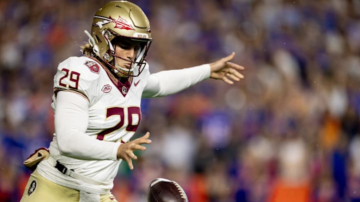 Florida State Seminoles punter Alex Mastromanno (29) punts the ball during the first half against the Florida Gators at Steve Spurrier Field at Ben Hill Griffin Stadium in Gainesville, FL on Saturday, November 25, 2023. [Matt Pendleton/Gainesville Sun]