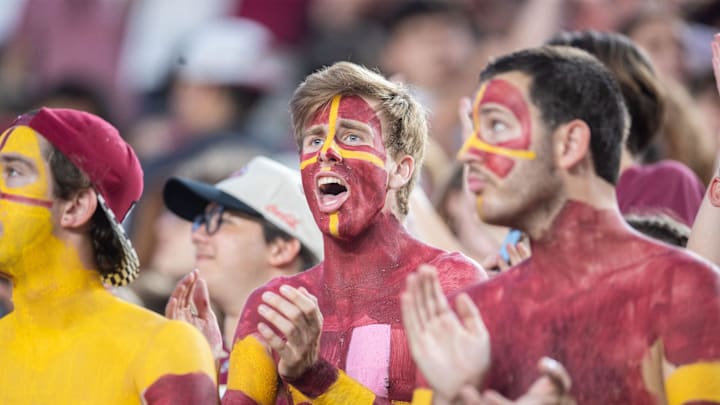 Florida State Seminole fans cheer on the football team as they play the Miami Hurricanes on Saturday, Oct. 4, 2025.