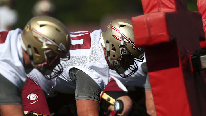FSU's offensive line works out during their opening practice for fall camp at the Al Dunlap Training Facility Monday, Aug. 6, 2018. 

636691563153527519-B49I3032.jpg