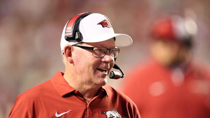 Aug 29, 2024; Little Rock, Arkansas, USA; Arkansas Razorbacks offensive coordinator Bobby Petrino during the second half against the Pine Bluff Golden Lions at War Memorial Stadium. Arkansas won 70-0. Mandatory Credit: Nelson Chenault-Imagn Images