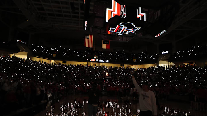 Jan 18, 2025; Lubbock, Texas, USA; A general view of a time-out in the second half at United Supermarkets Arena during the game between the Texas Tech Red Raiders and the Arizona Wildcats. Mandatory Credit: Michael C. Johnson-Imagn Images